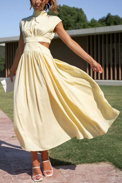 Elegant summer midi dress with roll neck and waist cut-out – Avelina-Black-S-Nora Luxe