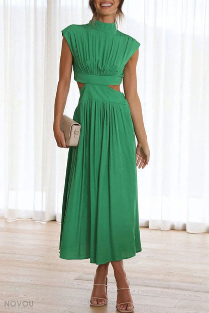 Elegant summer midi dress with roll neck and waist cut-out – Avelina-Black-S-Nora Luxe