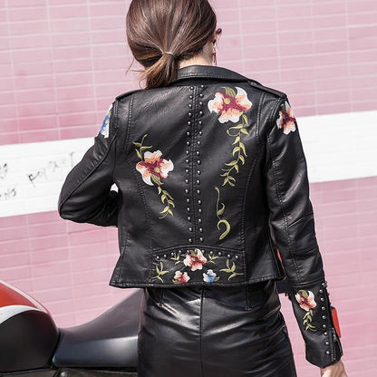 Embroidered women's faux leather biker jacket – Eleonora-Black-S-Nora Luxe