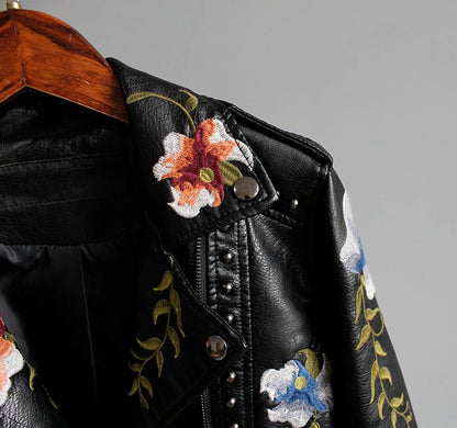 Embroidered women's faux leather biker jacket – Eleonora-Black-S-Nora Luxe