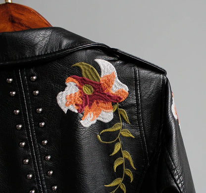 Embroidered women's faux leather biker jacket – Eleonora-Black-S-Nora Luxe