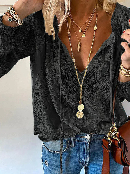 Exclusive Ladies' Blouse with Lace - Elodie-Black-XS-Nora Luxe