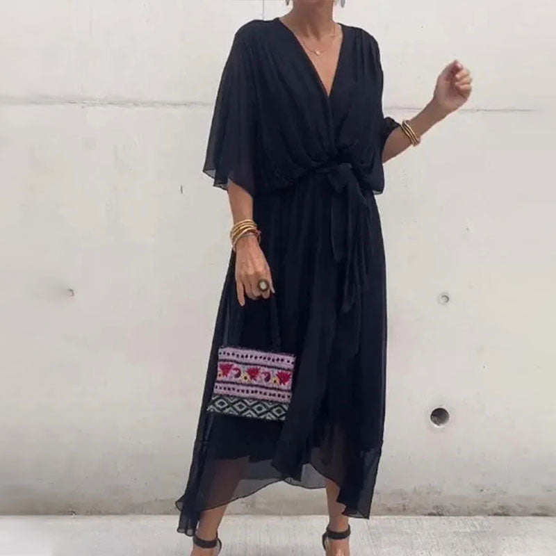 Fallaway Maxi Dress with V-Neck – Elara-Black-M-The Livary