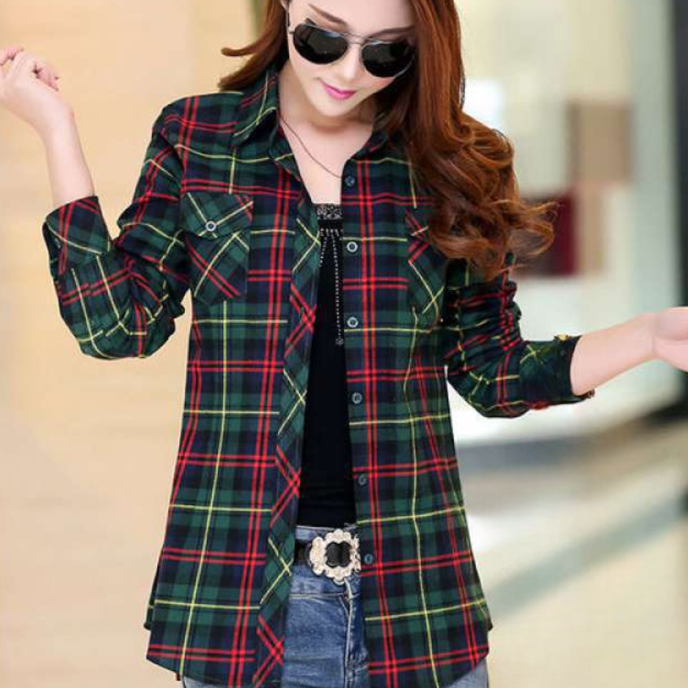 Fashionable Blouse with Check Pattern - Sienna-Green-XS-Nora Luxe