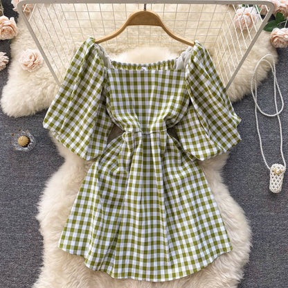 Fashionable women's dress with square neckline & puff sleeves - Selina-Green-Nora Luxe