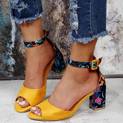 Floral High Heels with Ankle Straps - Marcella-Yellow-3-Nora Luxe