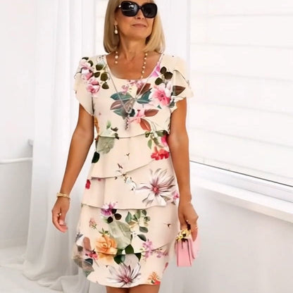 Floral waterfall summer dress with adjustable straps – Leona-Beige-S-Nora Luxe