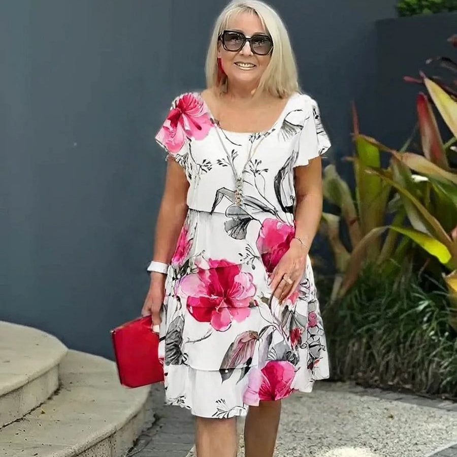 Floral waterfall summer dress with adjustable straps – Leona-Beige-S-Nora Luxe