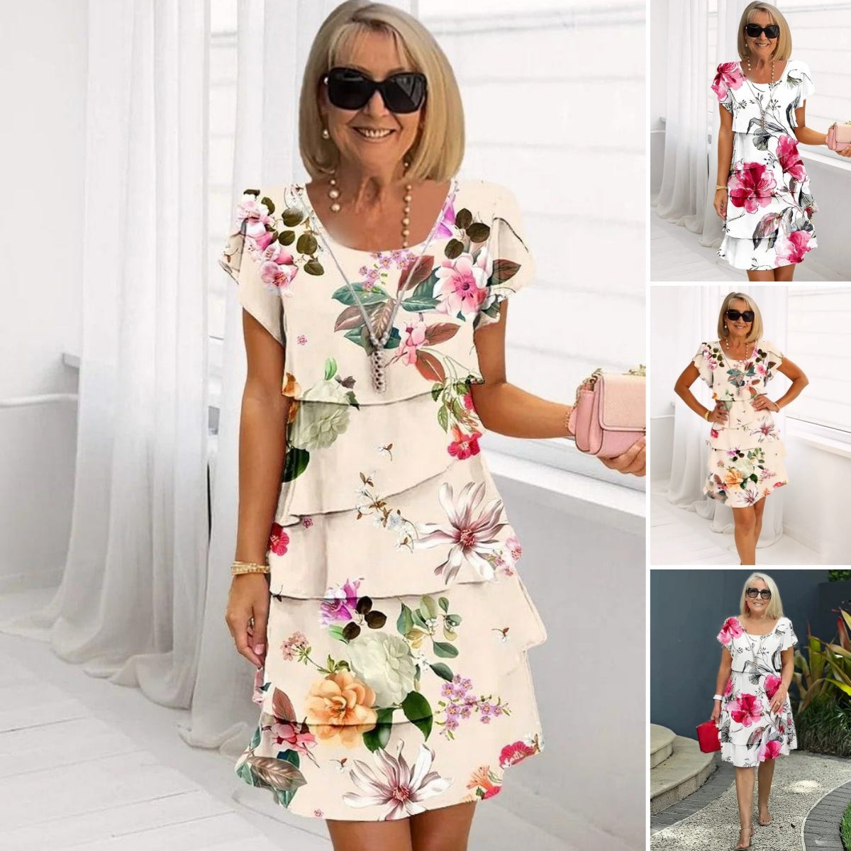 Floral waterfall summer dress with adjustable straps – Leona-Beige+Red-S-Nora Luxe