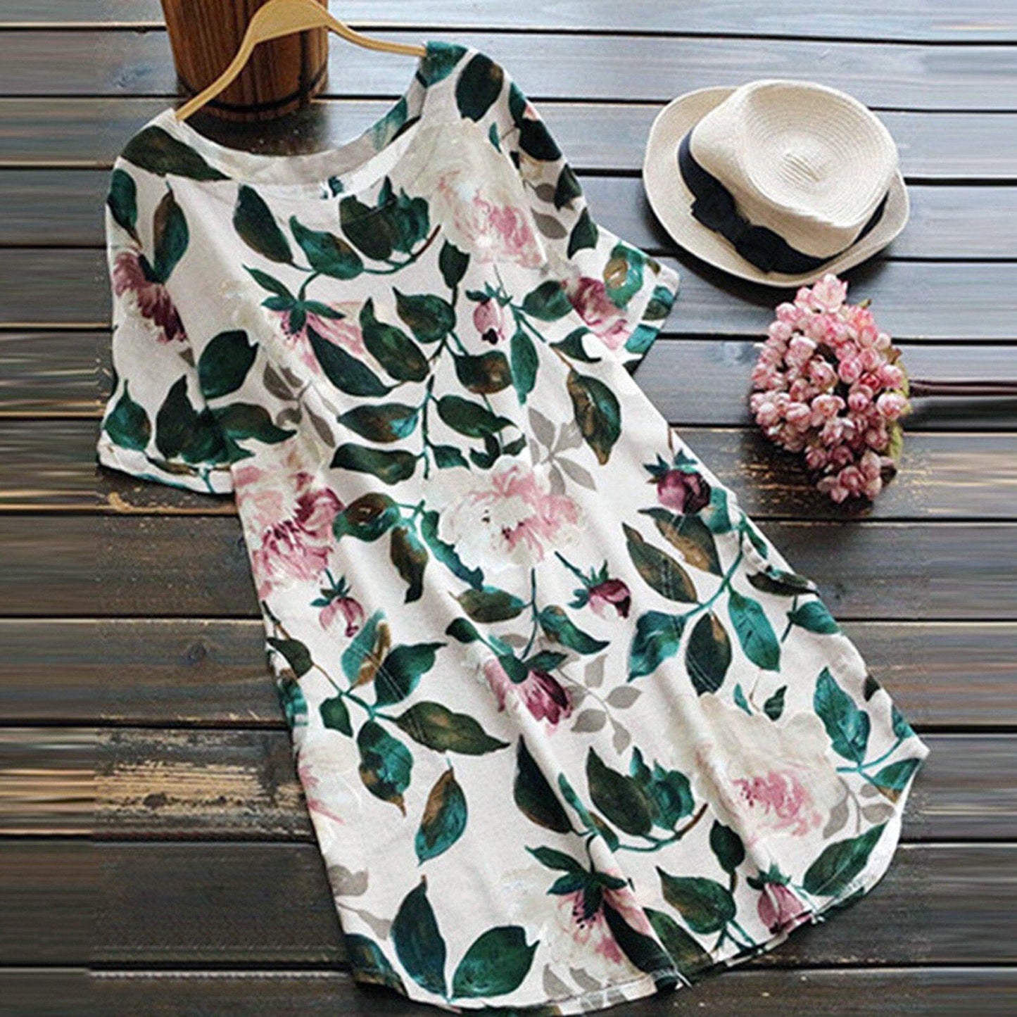 Flowered summer casual dress with short sleeves for women – Malina-White-S-Nora Luxe