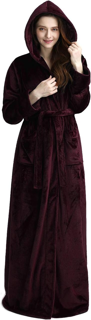Fluffy Fleece Bathrobe with Hood - CozyFluff-Bordeaux-M-Nora Luxe