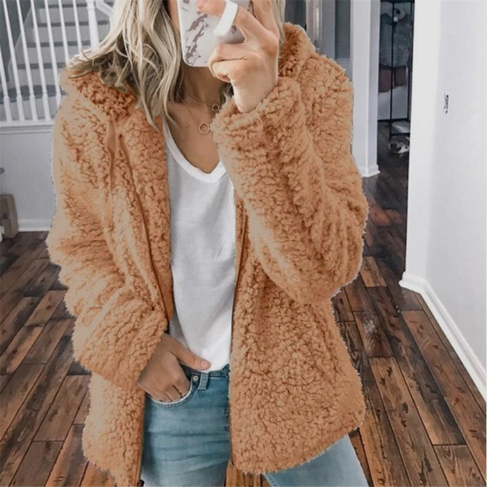 Fluffy Ladies' Jacket with Hood - Sofia-Cappuccino-S-Nora Luxe