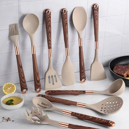 Food-safe Silicone Kitchen Utensils with Wooden Handle - KitchenElegance-Nora Luxe