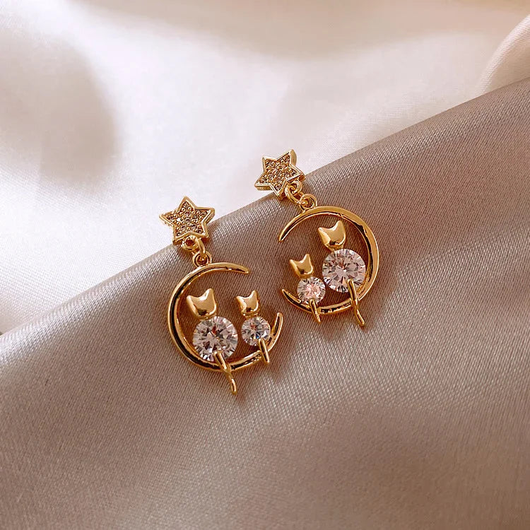 Gold Cat Ear Earrings with Zirconia - Feline-Nora Luxe