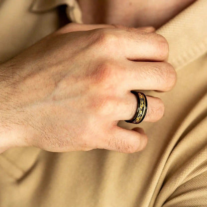 Golden Leaf and Black Meteorite Tungsten Ring - Orion-1.93 inches-Nora Luxe