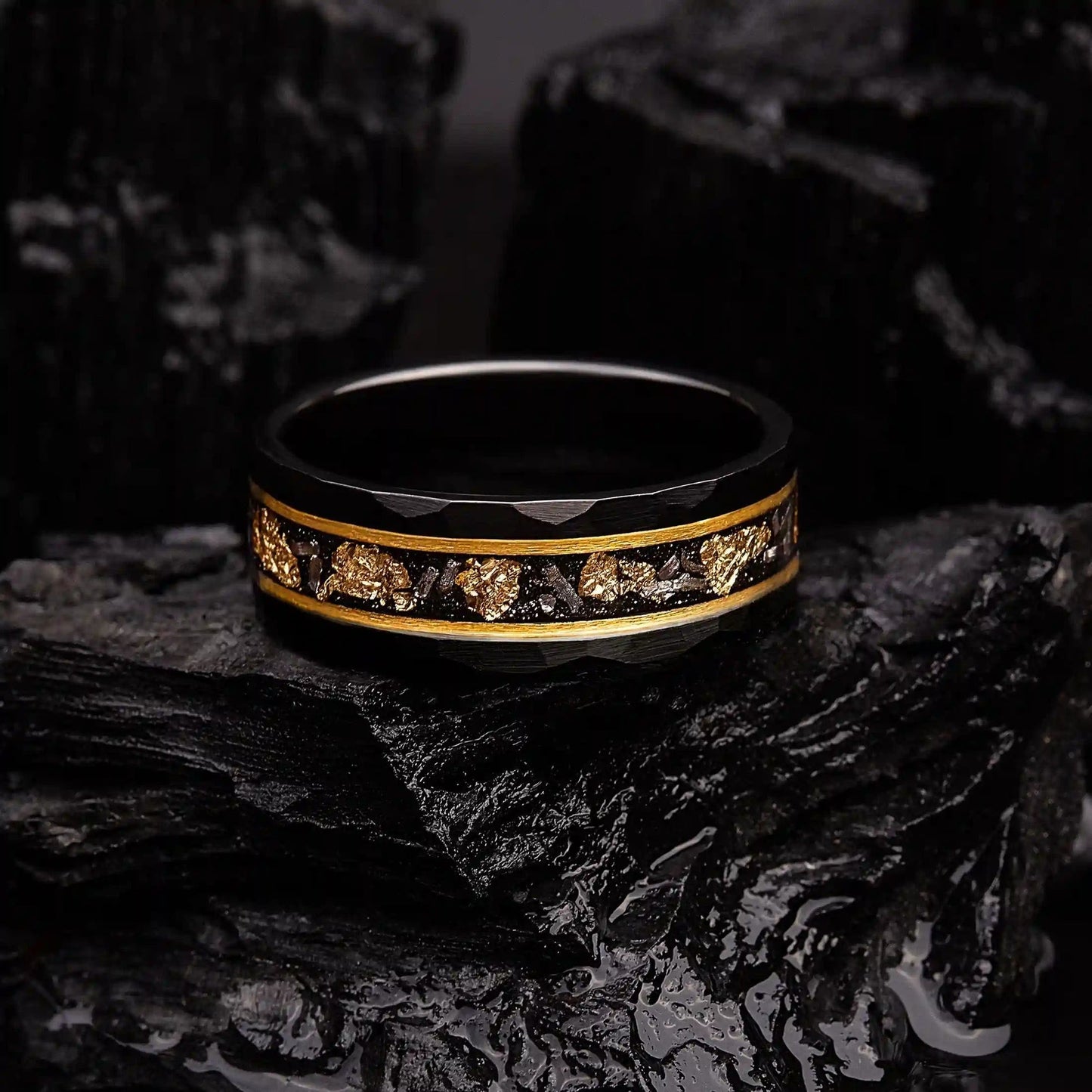 Golden Leaf and Black Meteorite Tungsten Ring - Orion-1.93 inches-Nora Luxe