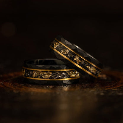 Golden Leaf and Black Meteorite Tungsten Ring - Orion-1.93 inches-Nora Luxe
