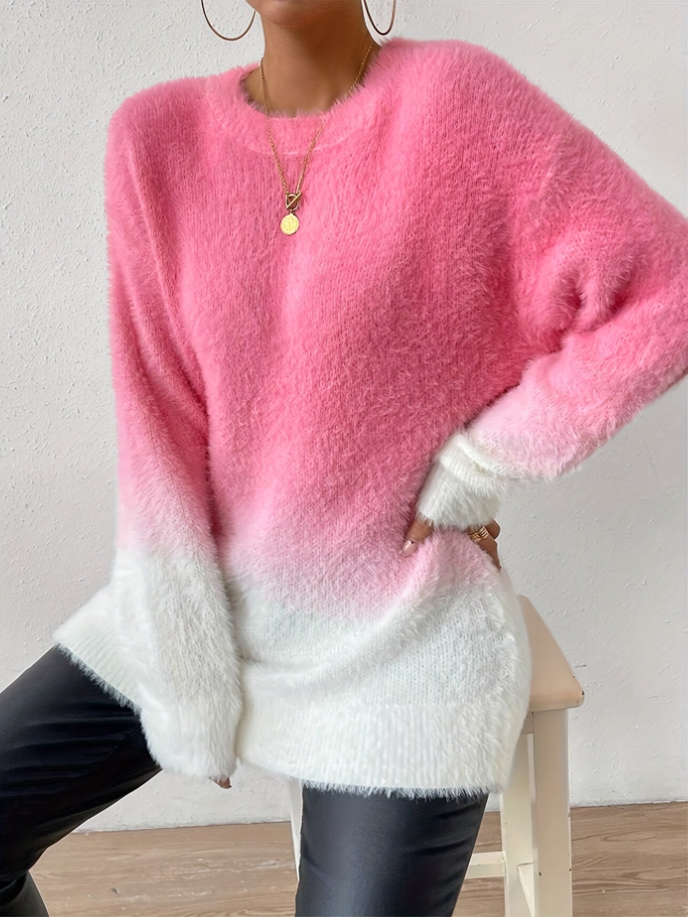 Graduated Colour Crew Neck Fuzzy Sweater - Amara-S-Nora Luxe