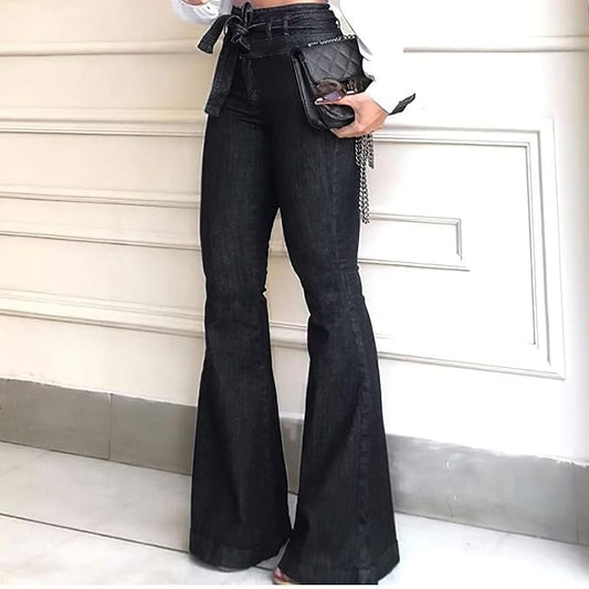 High-Waisted Flared Women's Jeans – Stella-Dark Blue with Belt-2XS-Nora Luxe