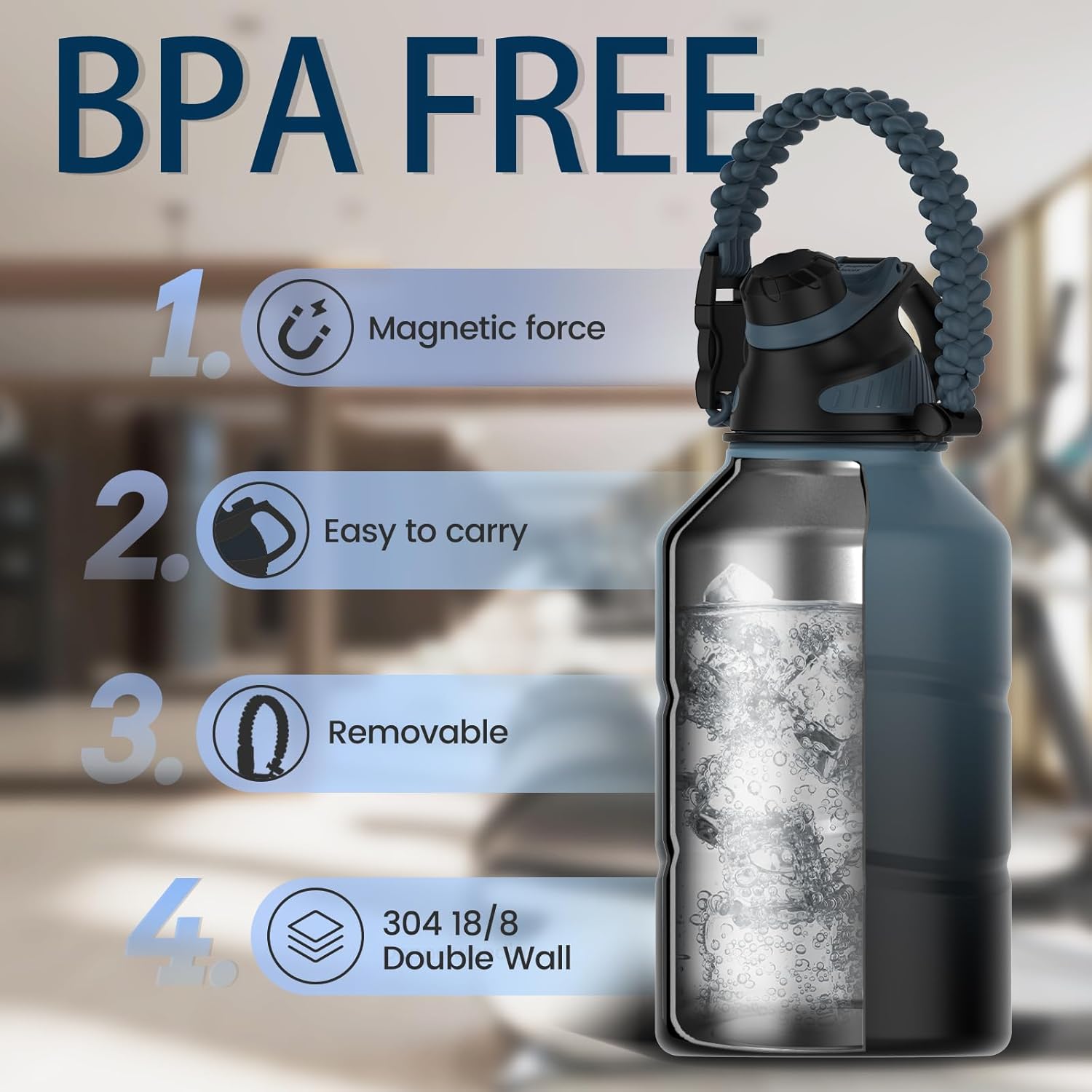 Isolated 1.9 L Water Bottle with Magnetic Lid-Black-Nora Luxe