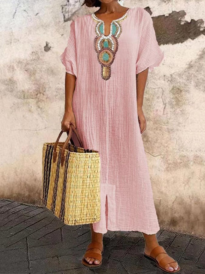 Kaftan Maxi Dress with Embroidery – Yasmin-Pink-XS-State of Style