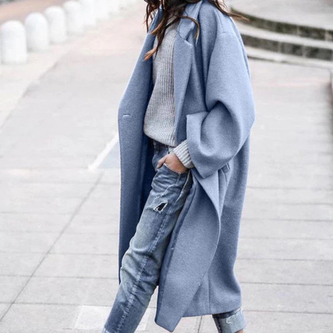 Knee-length Winter Coat with Large Collar for Ladies - Mira-Blue-S-Nora Luxe