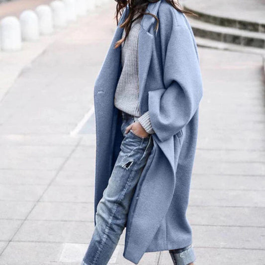 Knee-length Winter Coat with Large Collar for Ladies - Mira-Blue-S-Nora Luxe