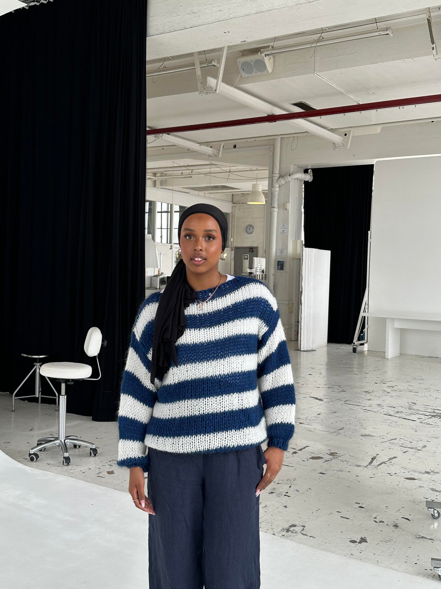 Knitted and Striped Oversized Women's Sweater - Harper-Blue and White-XS/S-Nora Luxe