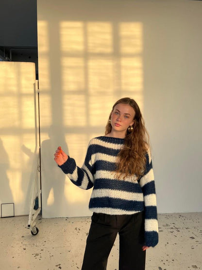 Knitted and Striped Oversized Women's Sweater - Harper-Blue and White-XS/S-Nora Luxe