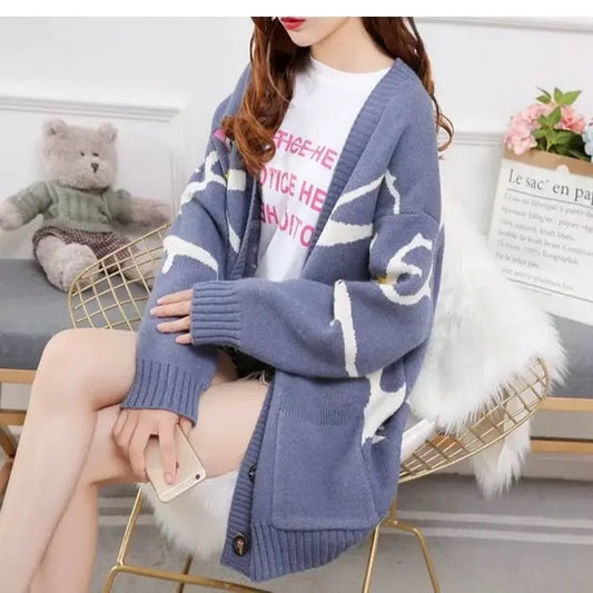 Knitted Cardigan with Playful Print and Button Closure - Nova-Blue-XS-Nora Luxe