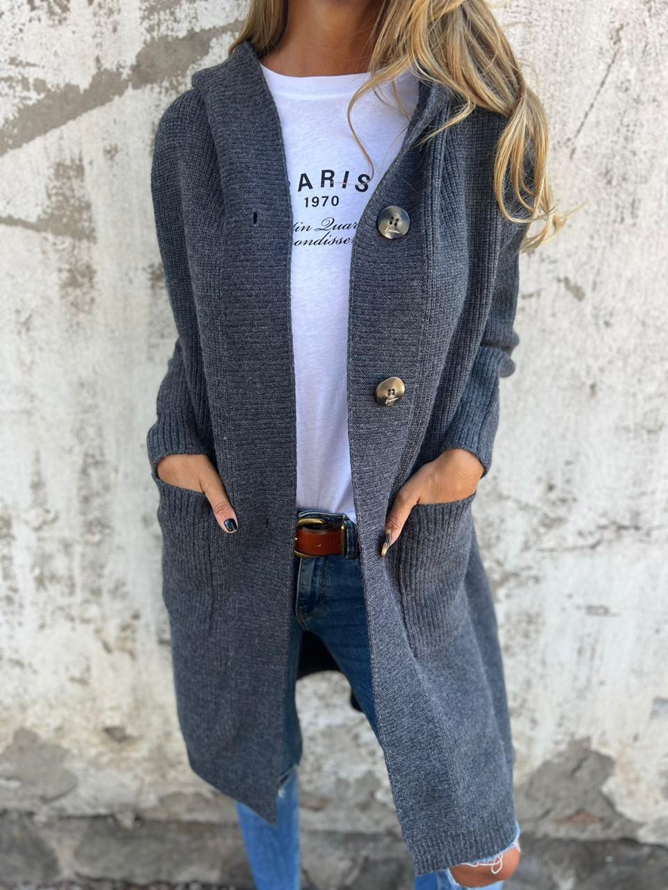 Knitted Long Women's Cardigan with Hood - Liv-Gray-S-Nora Luxe