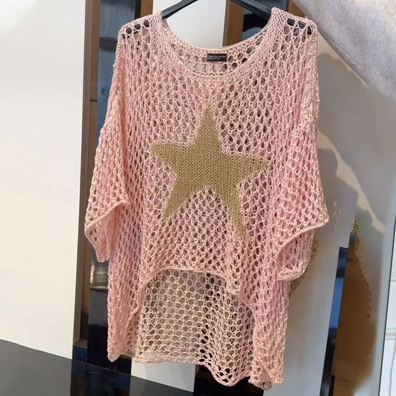Knitted net top with round neck & crochet pattern - Noelle-Pink-M-Nora Luxe