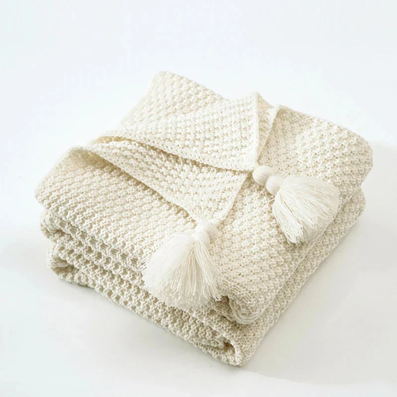 Knitted Wool Blanket with Tassels - NordicCozy-Beige-43.31 × 59.06 in-Nora Luxe