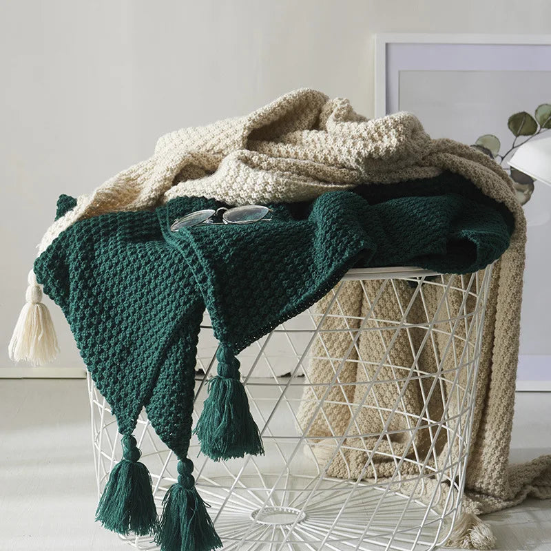 Knitted Wool Blanket with Tassels - NordicCozy-Deep Green-43.31 × 59.06 in-Nora Luxe