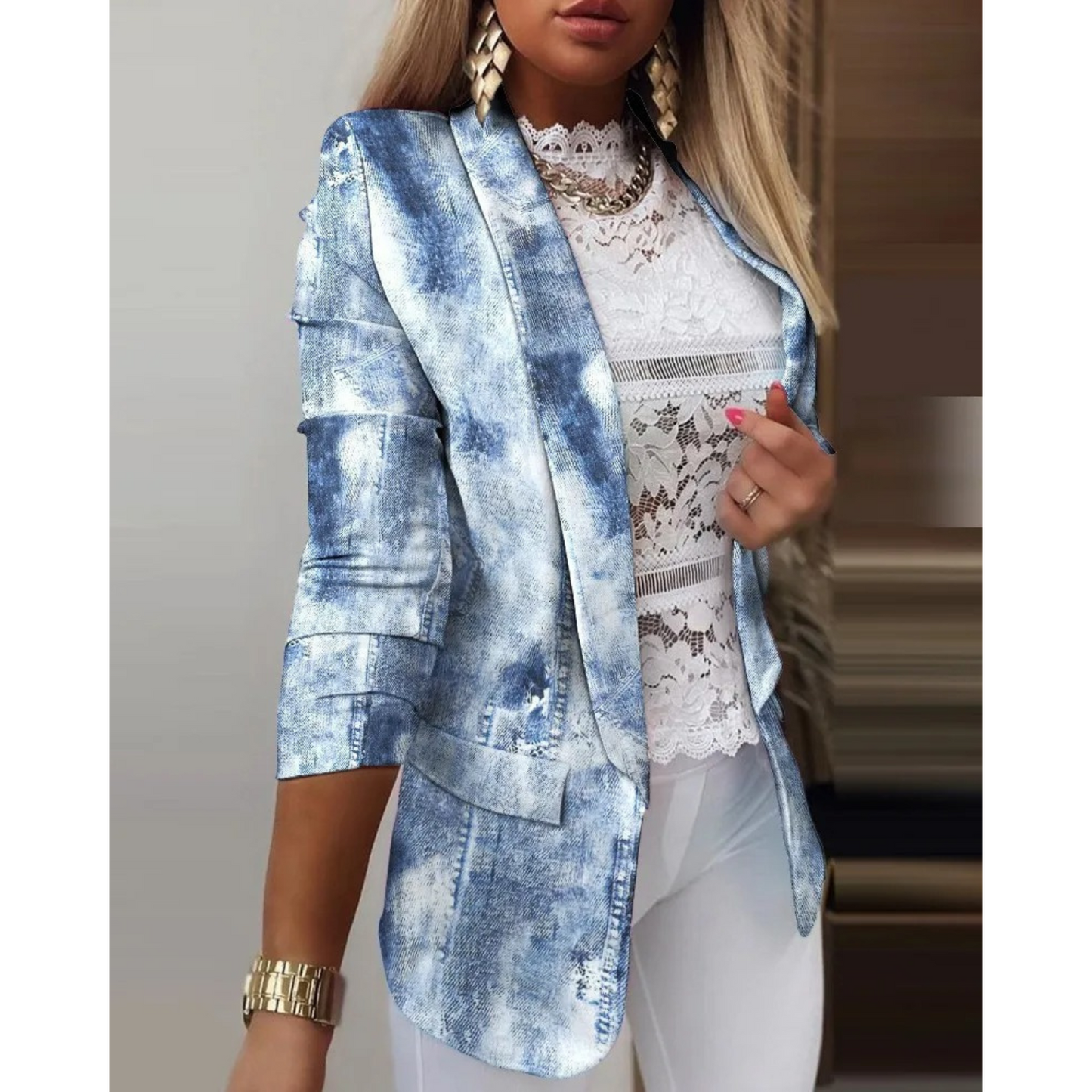 Ladies' blazer with a shawl collar and print - Bella-Blue-S-Nora Luxe