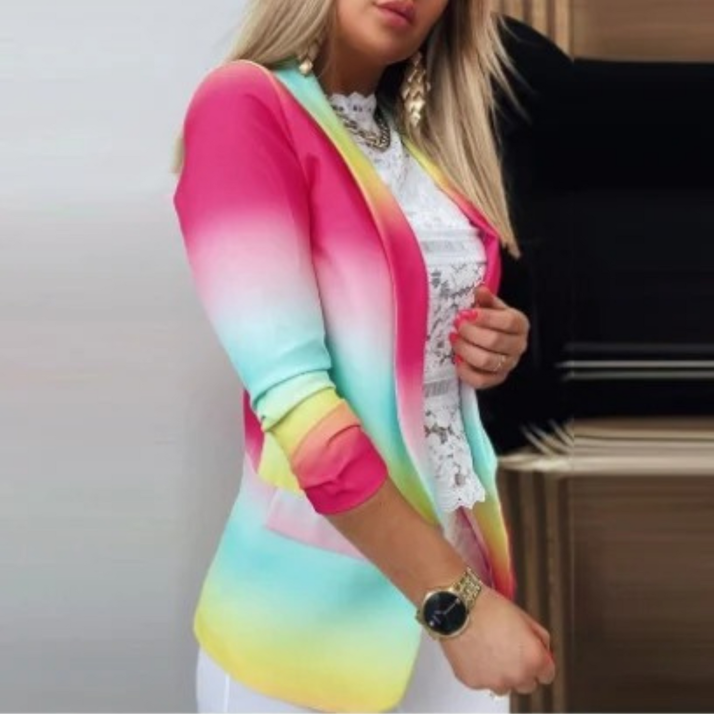 Ladies' blazer with a shawl collar and print - Bella-Pink-Yellow-S-Nora Luxe