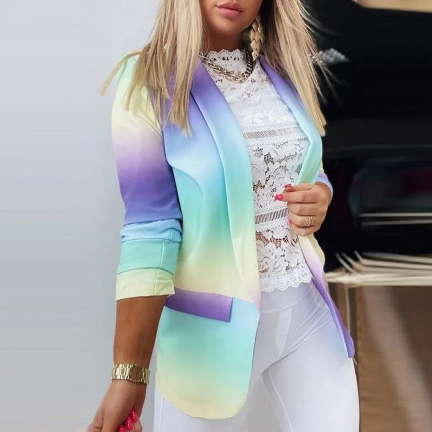 Ladies' blazer with a shawl collar and print - Bella-Purple-Blue-S-Nora Luxe