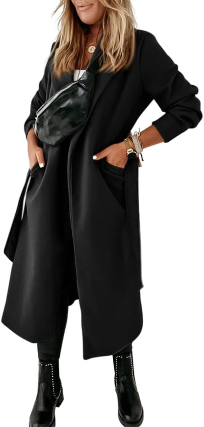 Ladies Classic Coat with Notched Collar and Open Front – Paulina-Olive Green-S-Nora Luxe