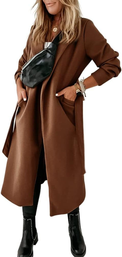 Ladies Classic Coat with Notched Collar and Open Front – Paulina-Olive Green-S-Nora Luxe