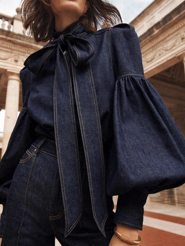 Ladies Denim Blouse with Puff Sleeves - Riva-S-Nora Luxe