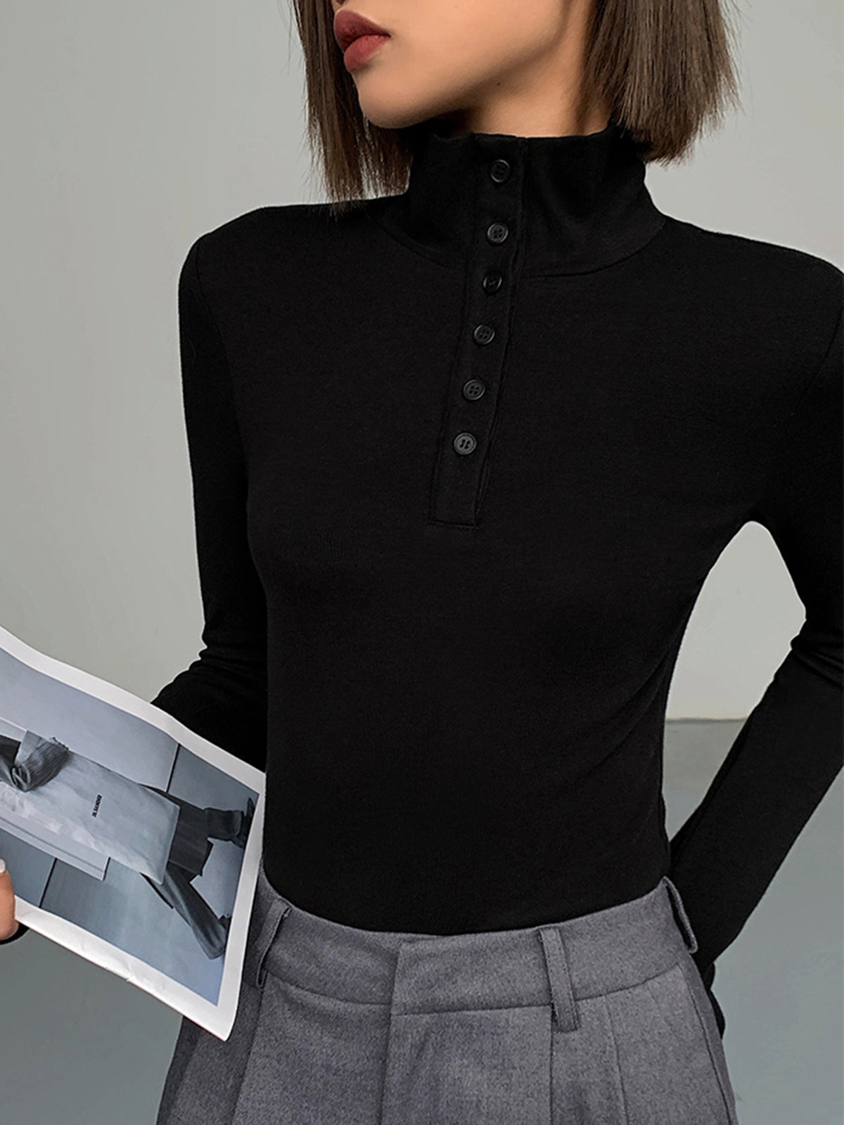 Ladies' Jumper with Buttons - Aurora-Black-XS-Nora Luxe