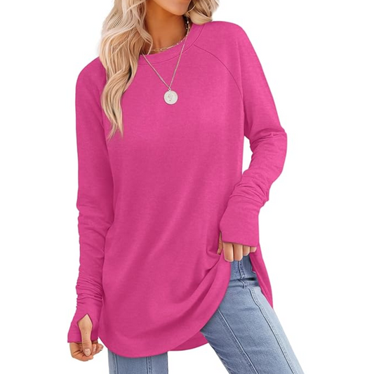 Ladies Long Sleeve Tunic Top with Thumbholes - Tamari-Pink-S-Nora Luxe