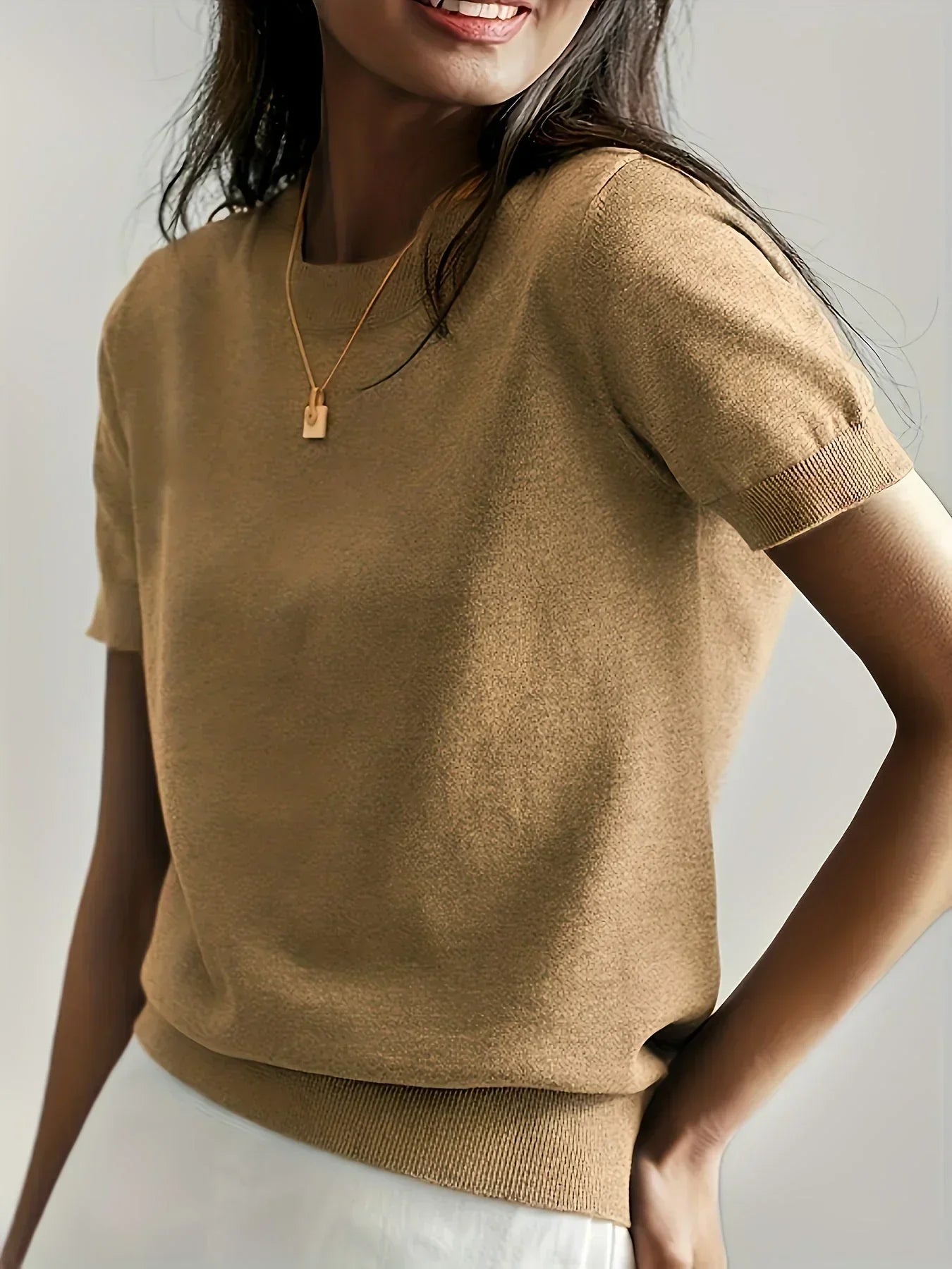 Ladies Short Sleeve Spring Sweater – Mila-Beige-XS-Nora Luxe
