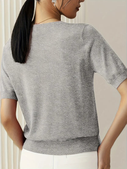 Ladies Short Sleeve Spring Sweater – Mila-Gray-XS-Nora Luxe