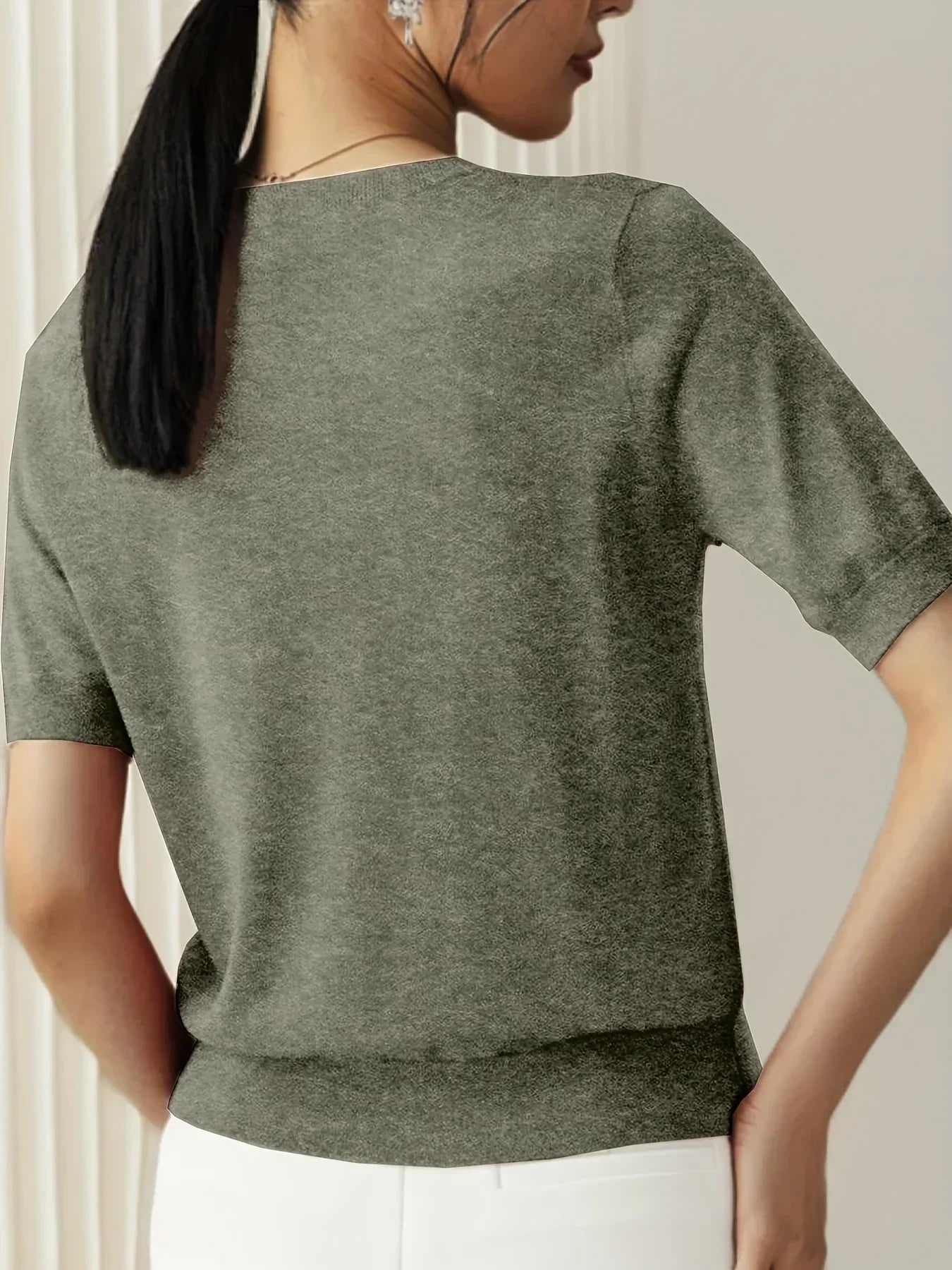 Ladies Short Sleeve Spring Sweater – Mila-Gray-XS-Nora Luxe