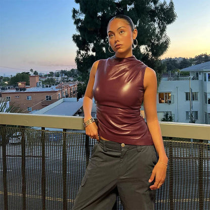 Ladies' sleeveless leather top in burgundy with a fitted silhouette – Nila-Bordeaux red-XS-Nora Luxe