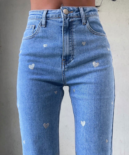 Ladies Stretch Jeans with Wide Legs and Heart Print - Amelie-XS-Nora Luxe