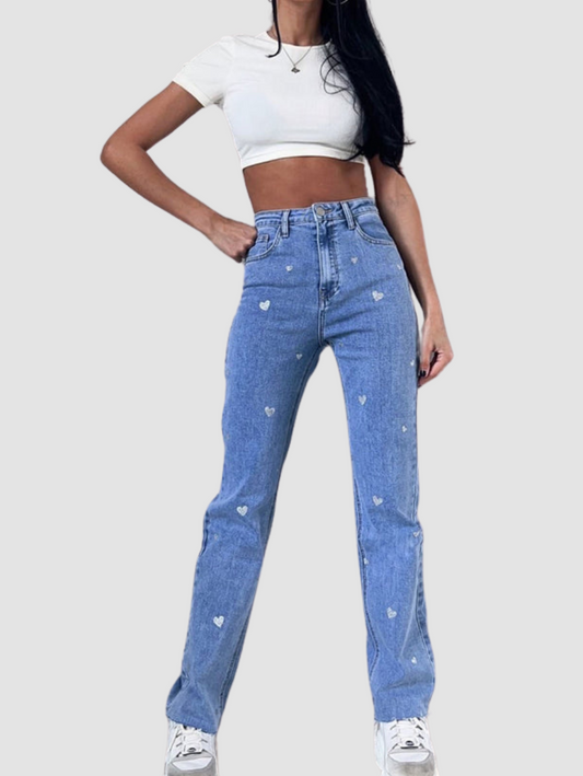 Ladies Stretch Jeans with Wide Legs and Heart Print - Amelie-XS-Nora Luxe