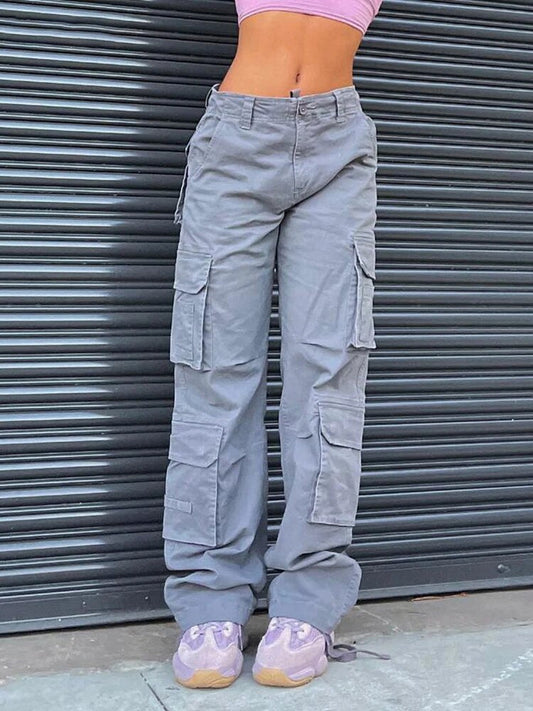 Ladies Summer Cargo Trousers with High Waist – Romy-Light grey-S-State of Style