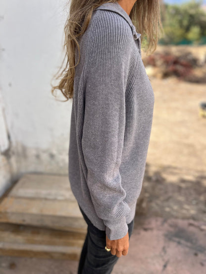 Ladies' V-Neck Sweater - Camille-Gray-S-Nora Luxe